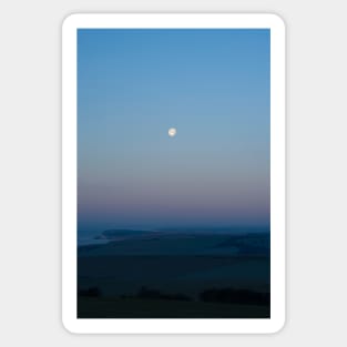 (Almost) full moon over the Sussex Downs towards Birling Gap Sticker